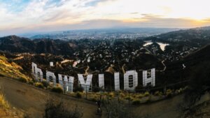 View of Los Angeles, California from behind the Hollywood sign.